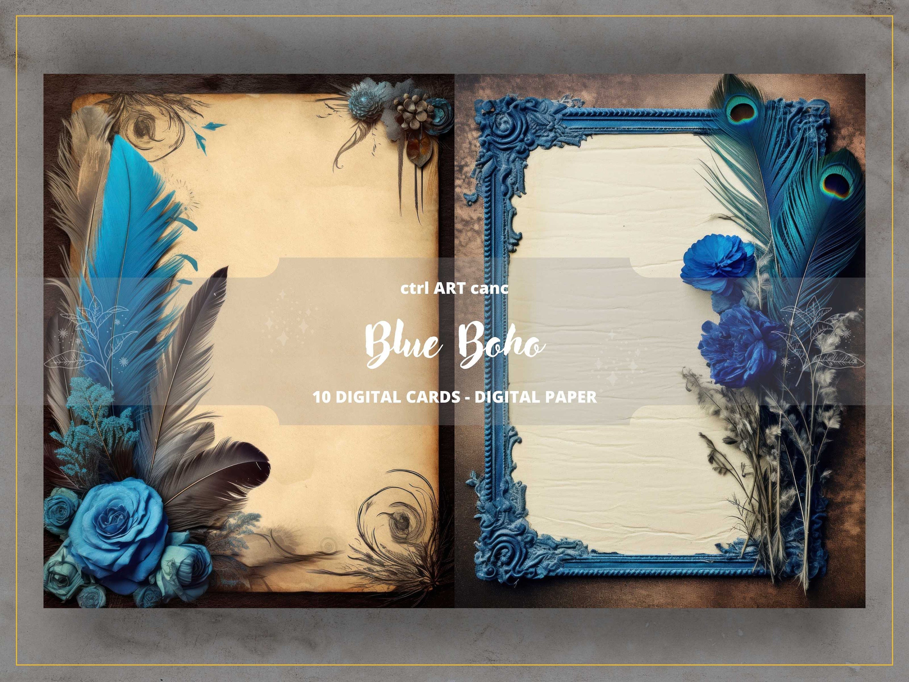 Blue Boho Printable Boho Digital Paper Feather Digital - Etsy