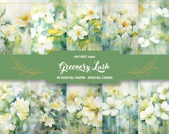 Green Floral Watercolor Digital Paper: Shabby Junk Journal (Digital Download)