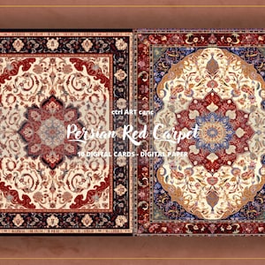 May include: Two digital paper designs featuring Persian red carpets with intricate floral patterns in shades of red, blue, and gold. The text "Persian Red Carpet" is superimposed on the image.