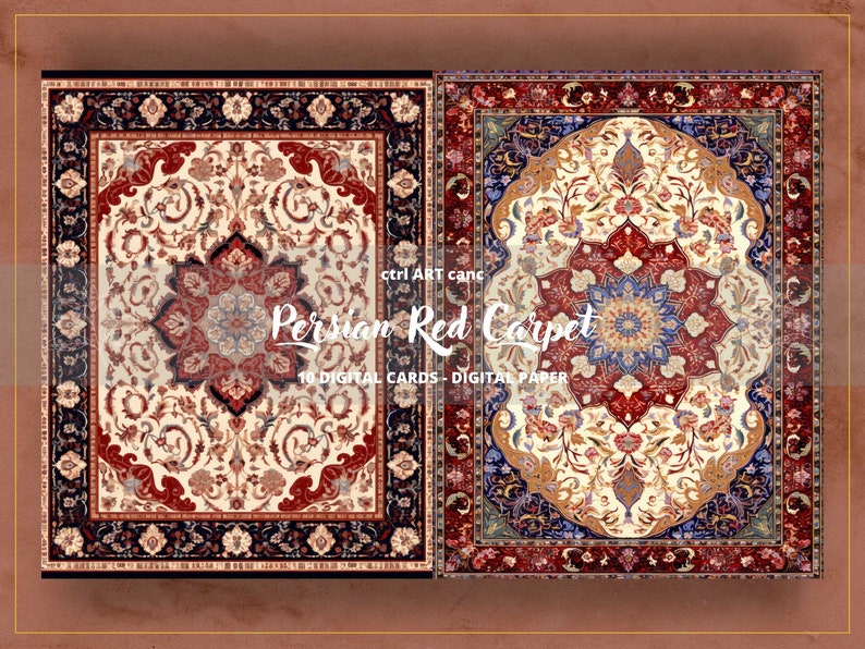May include: Two digital paper designs featuring Persian red carpets with intricate floral patterns in shades of red, blue, and gold. The text "Persian Red Carpet" is superimposed on the image.