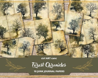 Pode incluir: Dez papéis digitais com ilustrações de estilo vintage de árvores em um fundo de papel texturizado e envelhecido. Os papéis são intitulados "Forest Chronicles" e são ideais para o diário de sucata.