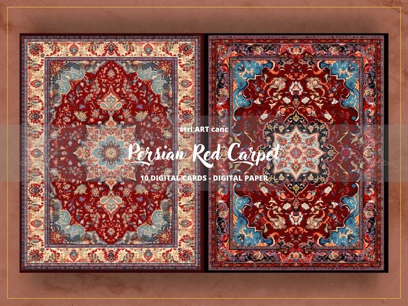 May include: Two digital paper designs featuring a red Persian carpet with intricate floral and geometric patterns. The text "Persian Red Carpet" and "10 Digital Cards - Digital Paper" is included in the image.