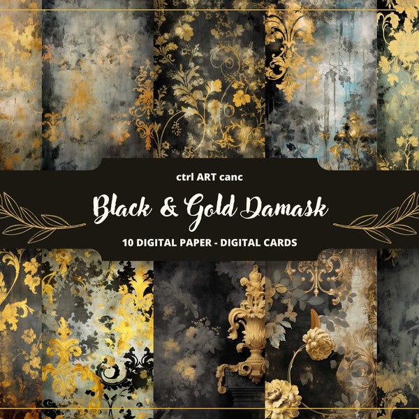 Tattered Black And Gold Damask Printable, Black & Gold Paper, Journal Kit, Journal Pages, Scrapbooking, Junk Journal Supplies, Ephemera