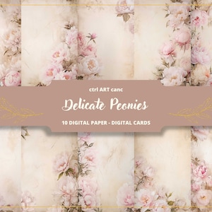 Delicado papel digital de peonías rosas, peonías rosas, papel digital de peonías, papel antiguo, papel de carta, scrapbooking, collage, diario basura