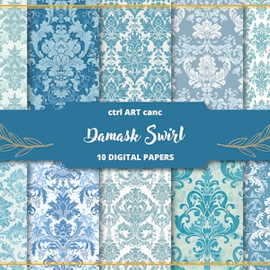 Blue Damask Digital Paper Damask Printable Paper Damask Pattern Damask Background Damask Texture Damask Decor Journal Kit Scrapbook Kit