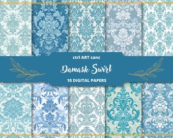 Blue Damask Digital Paper: AI Generated Scrapbook Kit (JPEG Files)