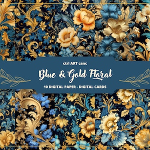 Blau & Gold Blumen Printable, Journal Kit, Journal Seiten, Scrapbooking, Journal Zubehör, Junk Journal, Ephemera