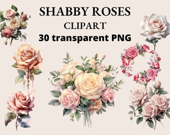 30 Shabby Chic Rose Clipart: Romantic PNG Bundle (Digital Download)