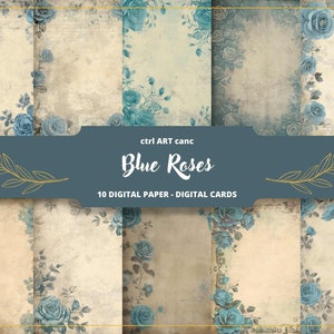 10 Papel Digital Rosas Azules, Papel Viejo, Rosas Azules, Papel Digital Rosas, Papel Viejo, Papel Carta, Scrapbooking, Collage, Diario Basura