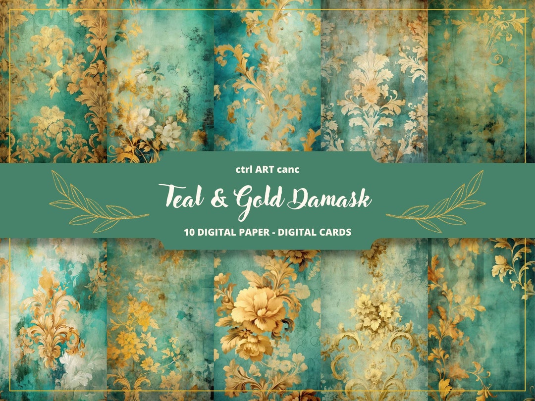 Tattered Teal and Gold Damask Printable, Teal &amp; Gold Paper, Journal Kit ...