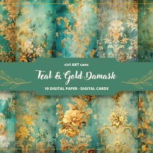 Tattered Teal und Gold Damast zum Ausdrucken, Teal & Gold Papier, Journal Kit, Journal Seiten, Scrapbooking, Junk Journal Supplies, Ephemera