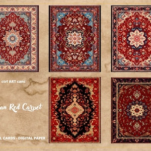 May include: Ten digital paper designs featuring red Persian carpets with intricate patterns. The designs are perfect for crafting projects, scrapbooking, and digital art.