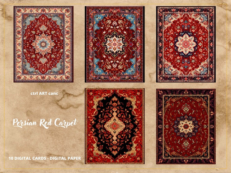 May include: Ten digital paper designs featuring red Persian carpets with intricate patterns. The designs are perfect for crafting projects, scrapbooking, and digital art.