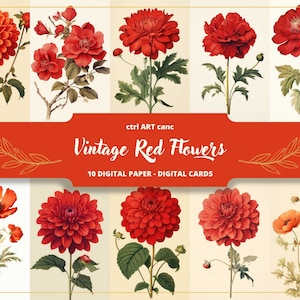 Immagine di fiori rossi Carta digitale rossa Effimera stampabile floreale rossa Fiore di William Morris stampabile Stampabile vintage rosso