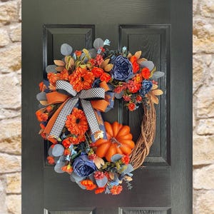 Fall Pumpkin Grapevine Wreath: Navy, Orange Peonies & Houndstooth Bow