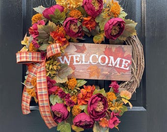 Fall Wreath, Fall Peony Wreath for Front Door, Autumn Door Decor, Farmhouse Wreath, Peony Grapevine Wreath