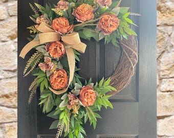 Fall Peony Grapevine Wreath: Rustic Burlap Bow, Farmhouse Door Decor