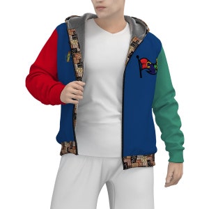 May include: A blue, red, and green zippered hoodie with a flag design on the front. The hoodie has a black and brown patterned lining.