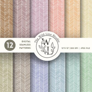 Op de afbeelding: Een collectie van 12 digitale naadloze patronen met een wit lijngetekend visgraat-bladmotief op diverse pastelkleurige achtergronden. Een centraal rond logo toont de tekst The Wild Line Studio, 12 DIGITAL SEAMLESS PATTERNS, 30,48 cm x 30,48 cm | 300 DPI | JPEG FILE.