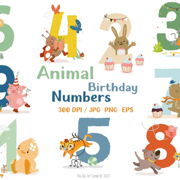 Animal Numbers 1-9, Birthday Numbers, Animal Clipart, Party Animals, Birthday Clipart, Cute Birthday Animals with Numbers, Kids Printables