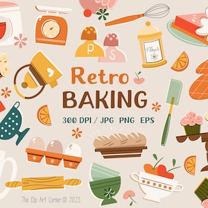 Retro Backen Clipart Utensilien Küche Kochzubehör Geschenk für Sie Sofort Download Geschenk für Ihn Gebäck Retro Illustration Clip Art Set