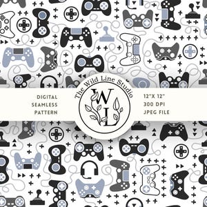 Let's Play Gaming Seamless Pattern, Kids Stationery Digital Paper, Giftwrap game controllers Black White, Gamers Video Design