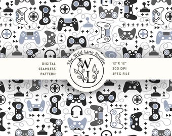 Może przedstawiać: Cyfrowy wzór bez szwów przedstawiający czarne, białe i jasnoniebieskie kontrolery do gier, joysticki i słuchawki na białym tle. Centralne okrągłe logo zawiera napis The Wild Line Studio oraz tekst 12"X 12", 300 DPI, JPEG FILE.