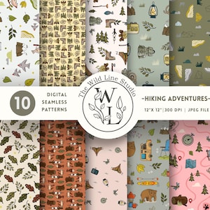 May include: A collection of 10 digital seamless patterns featuring hiking and camping themes. The designs include illustrations of mountains, trees, bears, tents, backpacks, and leaves in various color palettes. Text reads: 10 DIGITAL SEAMLESS PATTERNS, The Wild Line Studio, HIKING ADVENTURES, 12" X 12" | 300 DPI | JPEG FILE.