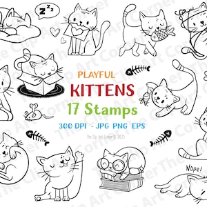 Timbres numériques chats chatons contour art chats jouant carte de voeux Téléchargement instantané PNG pour papeterie JPG illustration de chat mignon à colorier
