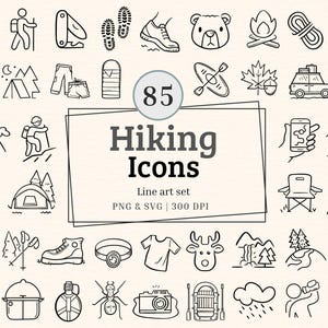 Hiking Icon Line Art, Doodles Outline, PNG, SVG for cut file, Outdoor Clipart Set, Camping vector bundle adventure pack nature trail art