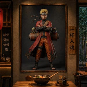 Puede incluir: Una obra de arte enmarcada de un personaje de la serie de anime Naruto, de pie en un restaurante. El personaje viste un atuendo naranja y rojo con una diadema. Una linterna roja con texto japonés cuelga en el fondo.