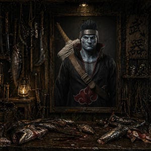 May include: A framed portrait of a blue-skinned character with a headband and black attire, set in a dimly lit shop. Various weapons and a lantern are visible, along with fish on a wooden surface.