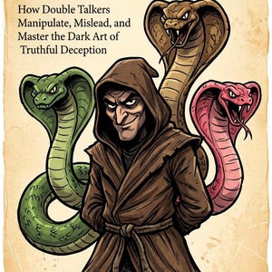 Puede incluir: Ilustración de la portada de un libro con el título "THEY LIE BY TELLING THE TRUTH". La imagen presenta una figura encapuchada con tres cobras en tonos verdes, marrones y rosas. El subtítulo del libro es "The Complete Guide to Deception Without Lies".