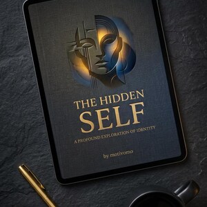 May include: A digital tablet displaying the book cover "The Hidden Self" with a stylized face design. A gold pen and a black coffee mug are on a dark, textured surface.