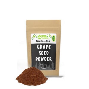 May include: A brown paper bag with a label that says "100% NATURAL forestgoodsbg GRAPE SEED POWDER Premium Grade". The bag is sitting on a white surface next to a pile of brown grape seed powder.
