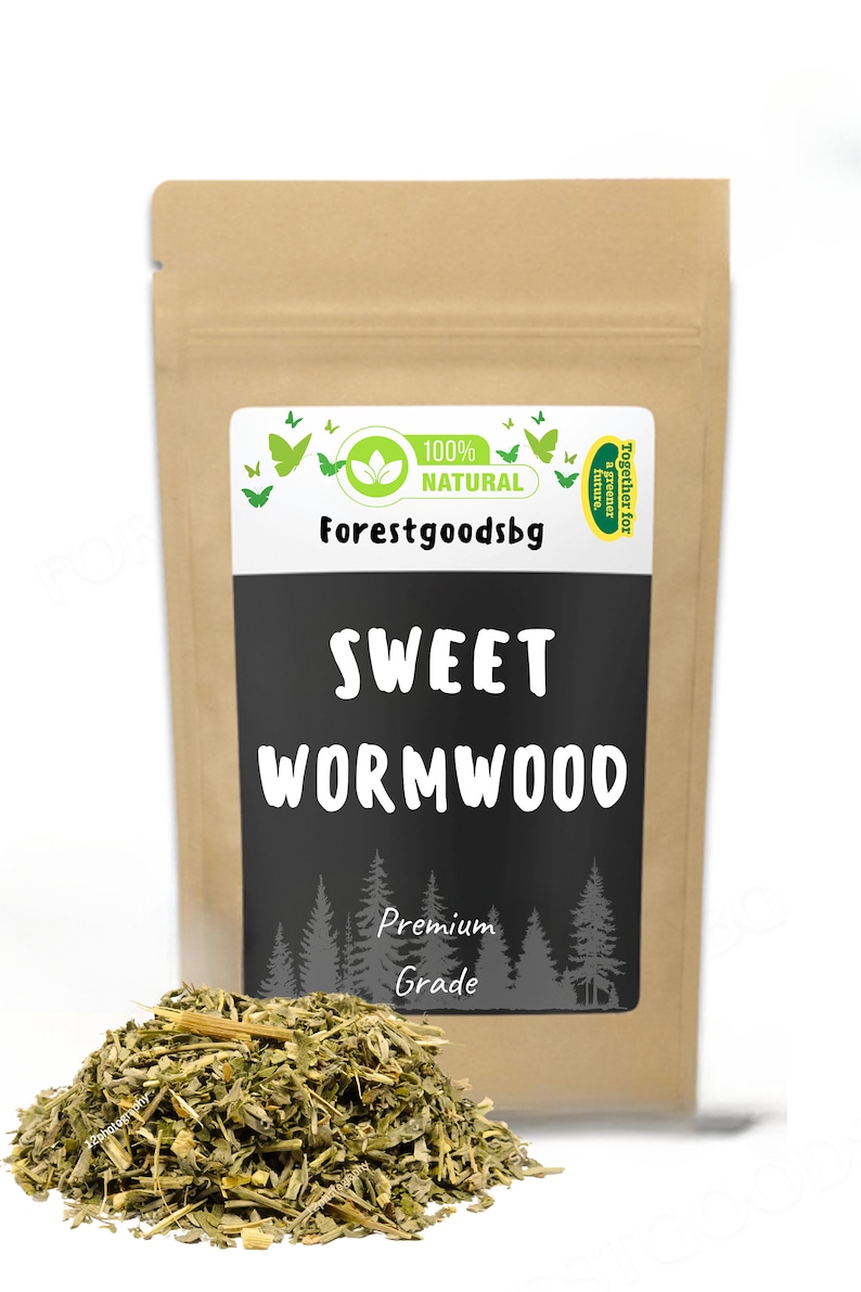 May include: A brown paper pouch containing dried sweet wormwood herbs. The label features the text Forestgoodsbg, 100% Natural, Sweet Wormwood, and Premium Grade, along with green butterfly icons and a forest silhouette graphic at the bottom.