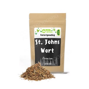 May include: A brown paper bag with a label that says "Forestgoods.bg" and "St. Johns Wort Premium Grade". The bag is filled with dried herbs.