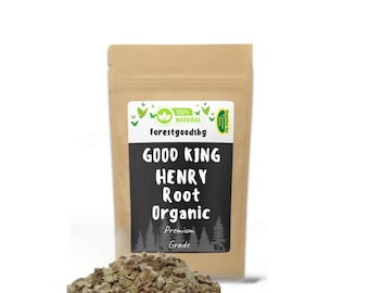 May include: A brown paper bag with a label that reads "Good King Henry Root Organic, Premium Grade" and a green logo that says "100% Natural, Forestgoodsbg". A pile of dried, chopped, brown root pieces is in front of the bag.