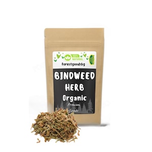 May include: A brown paper bag with a label that says "Bindweed Herb Organic Premium Grade" and a green logo that says "100% Natural forestgoodsbg". A pile of dried bindweed herb is in front of the bag.