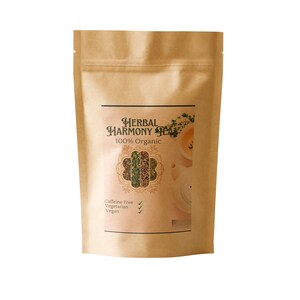 May include: A brown paper bag with a label that says "Herbal Harmony Tea" and "100% Organic". The label also says "Caffeine Free", "Vegetarian", and "Vegan" with check marks next to each.