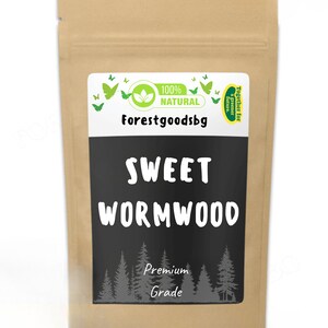 May include: A brown kraft paper pouch containing Sweet Wormwood. The label features the text Forestgoodsbg, 100% Natural, and Premium Grade, with a graphic of green butterflies, a leaf icon, and a forest silhouette against a black background.