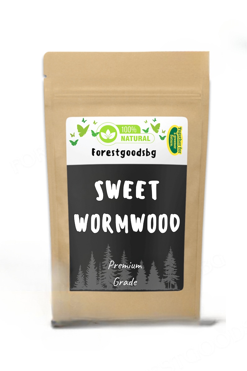May include: A brown kraft paper pouch containing Sweet Wormwood. The label features the text Forestgoodsbg, 100% Natural, and Premium Grade, with a graphic of green butterflies, a leaf icon, and a forest silhouette against a black background.