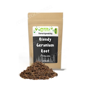 May include: A brown paper bag with a label that reads "100% NATURAL forestgoodsbg Bloody Geranium Root Premium grade". The bag is filled with dried, brown, shredded roots.
