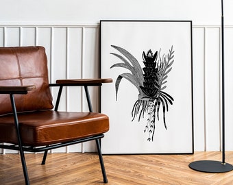 Black and White Wall Art, Digital Print Download, Graphic Design Print, Flowers, Flower Illustration Digital Download, Flower Power