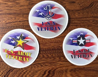 Army Veteran Sticker, Navy Veteran Sticker, Air Firce Veteran Sticker, Reflective 5 inch round die cut sticker, weatherproof stickers