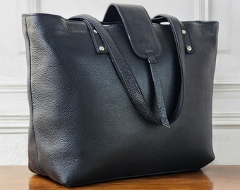 Black Buff Leather Work Tote Bag, Minimalist Shoulder Bag, Laptop Carryall