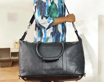 Black Buffalo Leather Travel Duffle Bag: Large Weekender Carry On