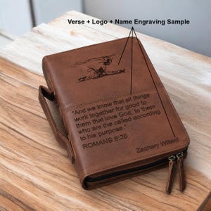 Leather Bible Cover with Durable Handle, Protective Church Bag with Zipper Pocket, Perfect for Bible Study Book Lovers, & Bible Accessories Verse + Logo + Name