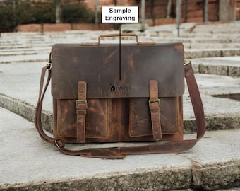 Personalized Buff Leather Laptop Bag, 16-Inch Briefcase, Mens Work Messenger Bag