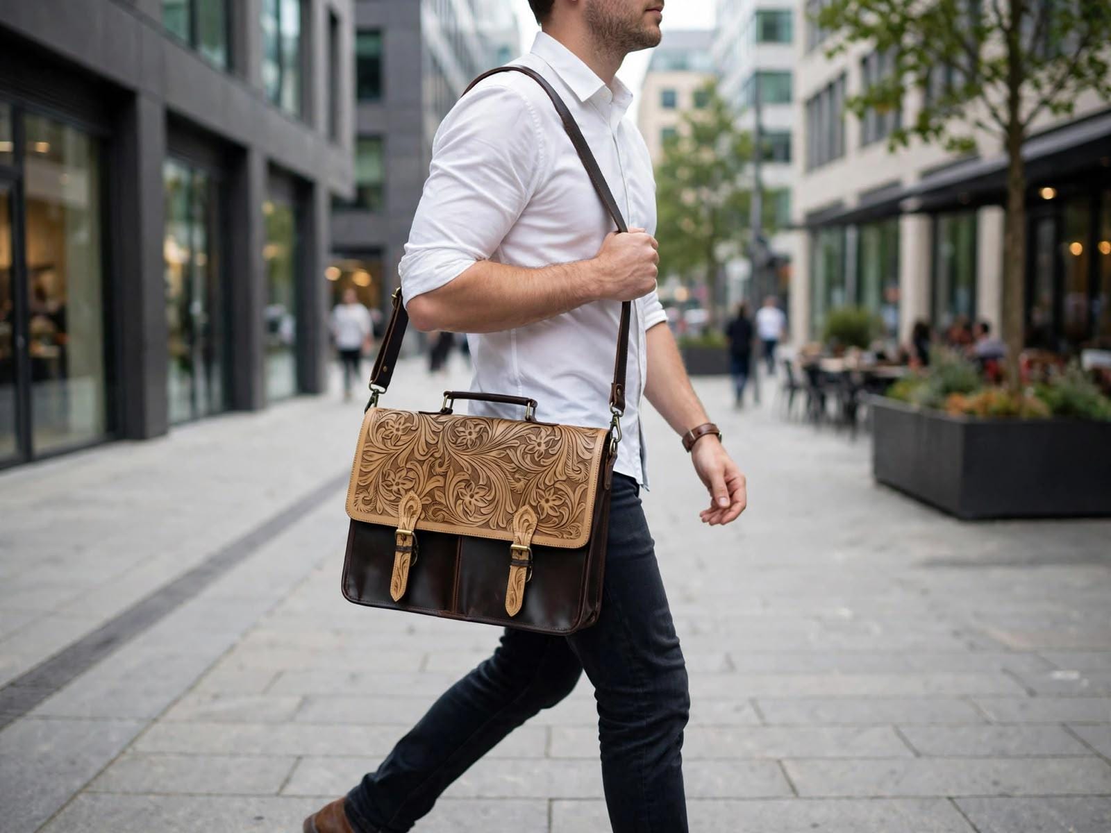 Personalized Hand Tooled Leather Messenger Bag, Laptop Bag 16 Inches, Leather Briefcase for men and Women, Floral Tooled Work Bag